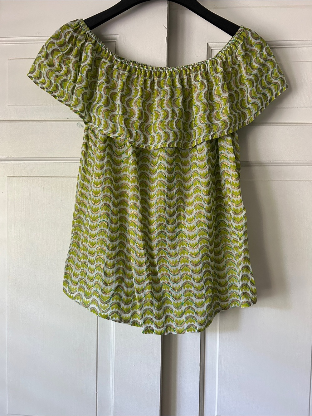 Oliphant Lime and White Off-Shoulder Ruffle Top